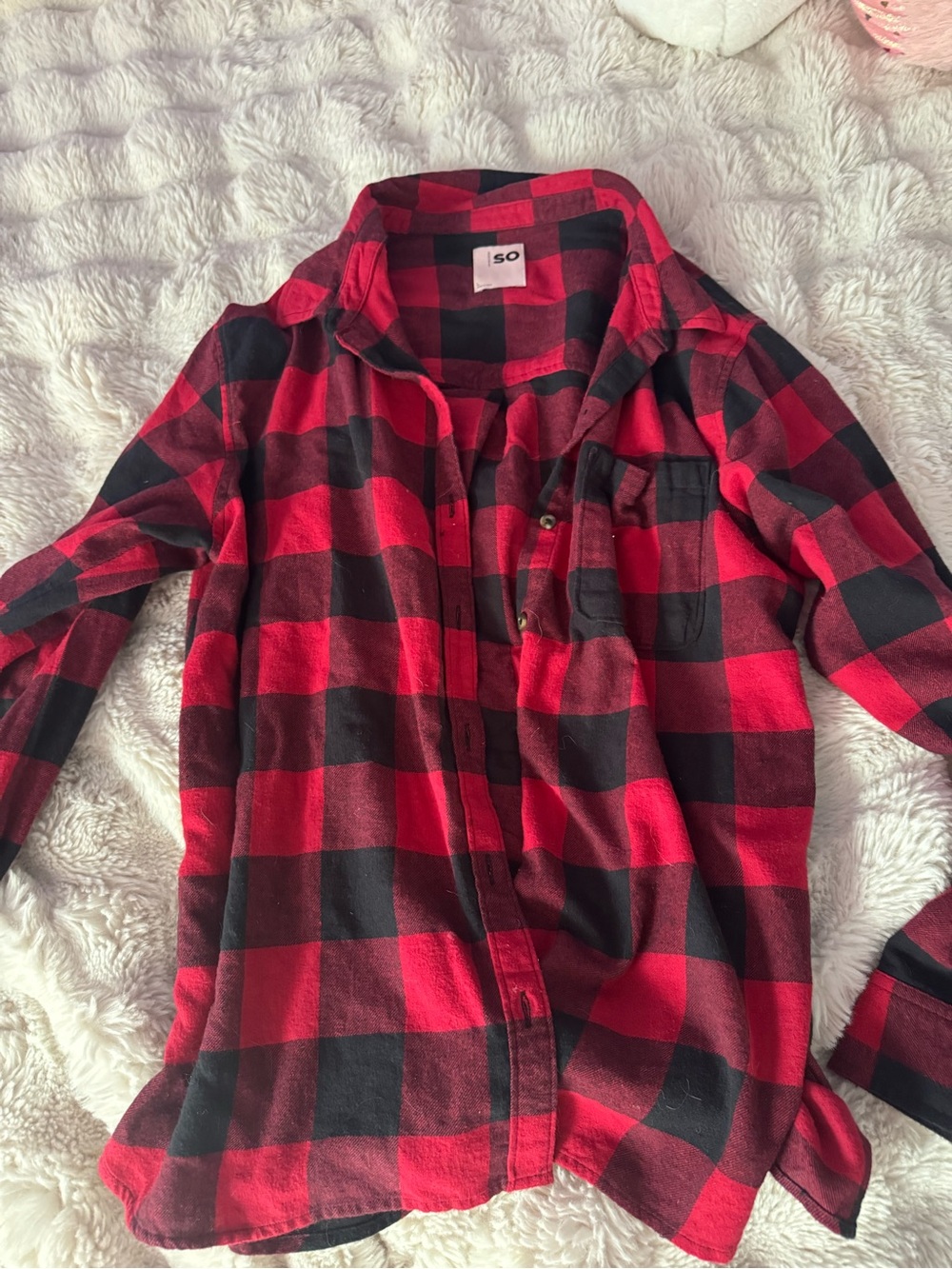 SO Red and Black Buffalo Plaid Button-Up Cardigan Sweater